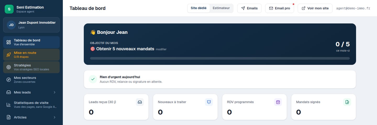 Aperçu de l'espace agent Écosystème Immo — tableau de bord, leads reçus, rendez-vous et mandats signés
