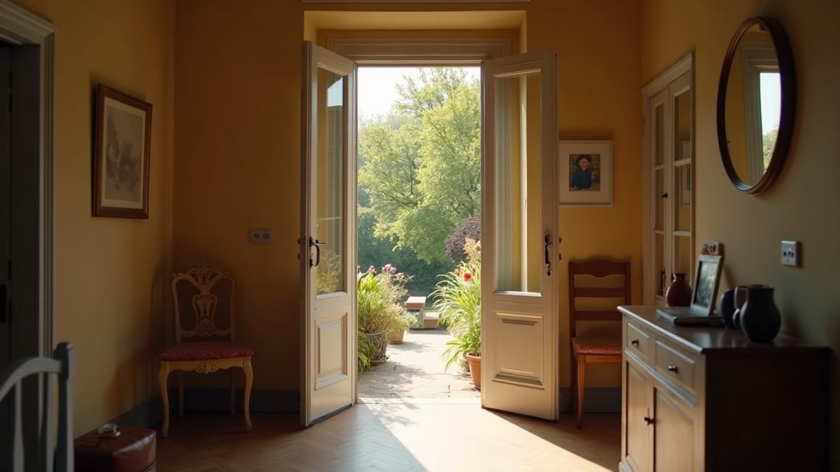 Du visiteur au lead vendeur — porte d'entrée ouverte vue de l'intérieur, lumière du jour entrant dans le couloir