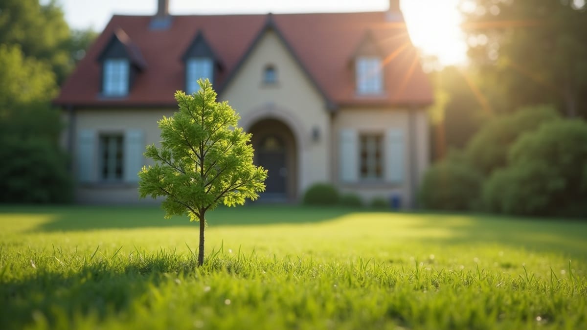 Acquisition vendeur immobilier — jeune arbre fraîchement planté dans un jardin, maison floue en arrière-plan à l'aube