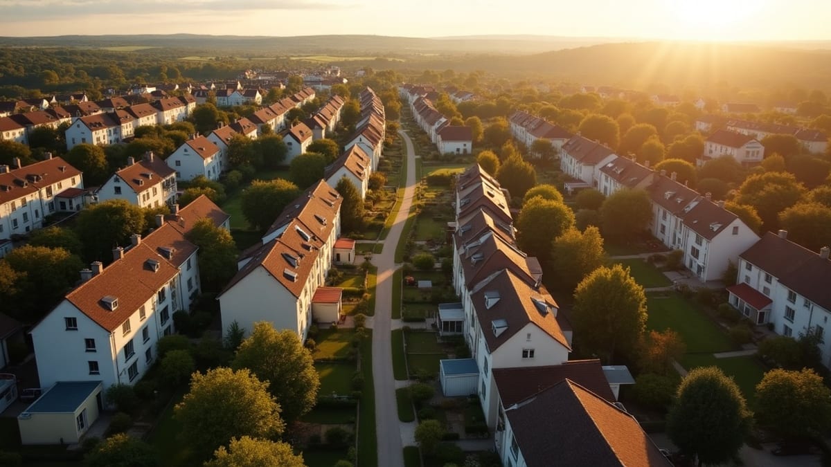 Écosystème d'acquisition immobilier — vue aérienne d'un quartier résidentiel de maisons avec jardins à la lumière du matin