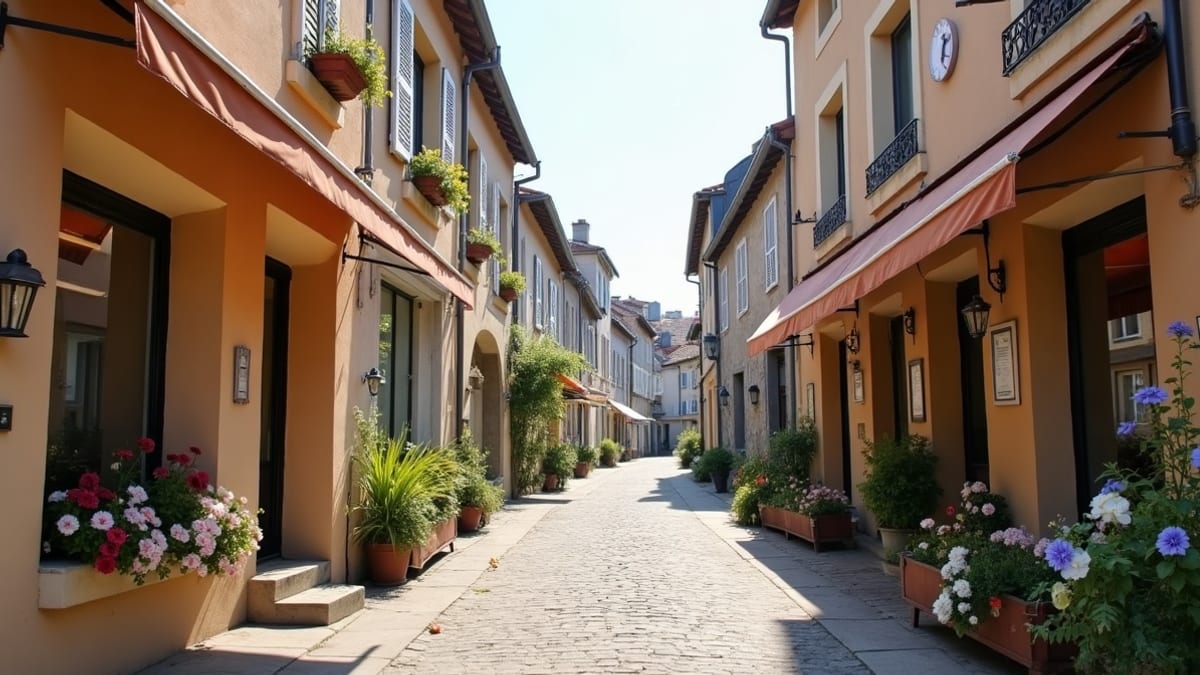 Google Business Profile immobilier — rue principale d'un village le matin, stores de commerces et jardinières fleuries