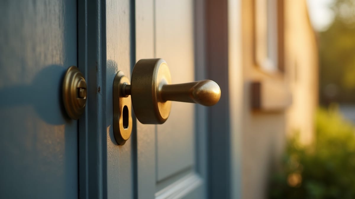 Google Ads immobilier — porte d'entrée d'une maison avec poignée et sonnette en laiton, lumière d'après-midi