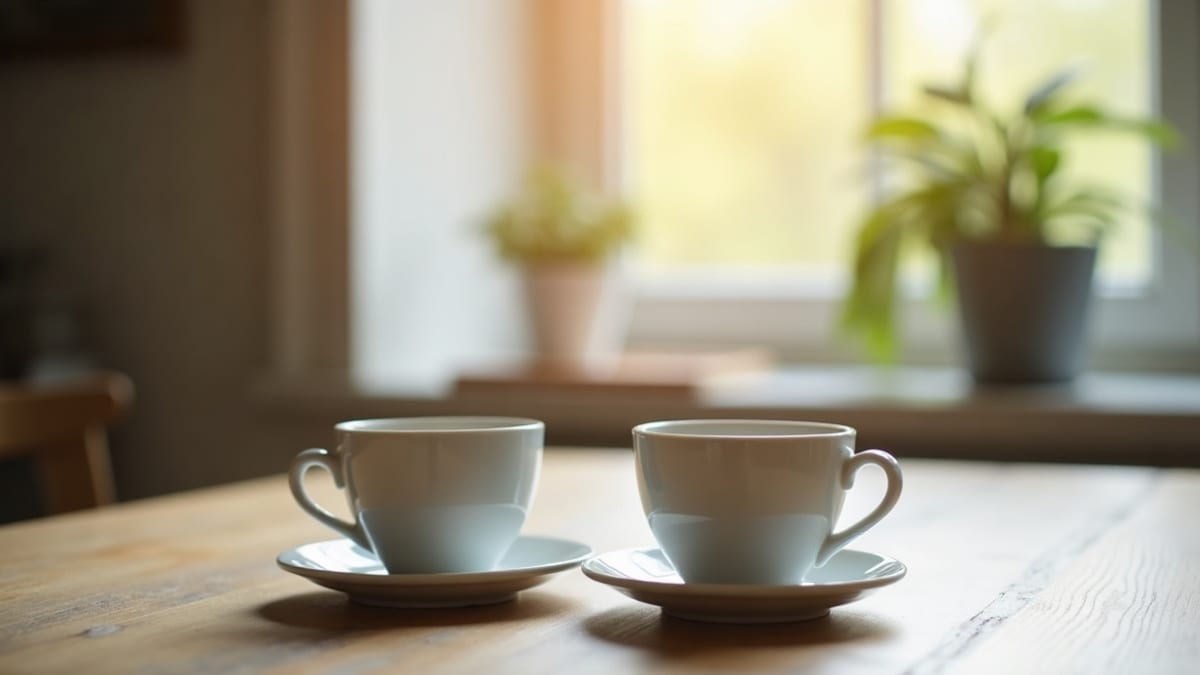 Du lead au rendez-vous — deux tasses de café sur une table de cuisine près d'une fenêtre, lumière du matin