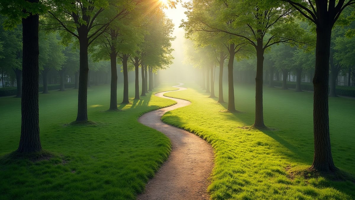 Stratégie multicanale immobilier — sentier serpentant dans un parc verdoyant, lumière du matin à travers les arbres