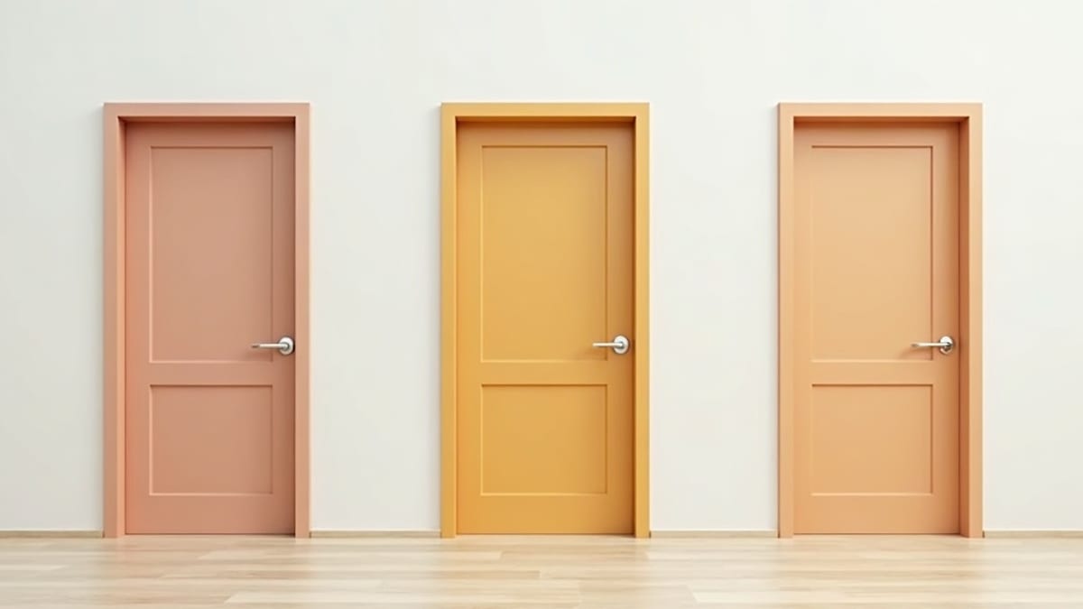 Google Ads ou Meta Ads — trois portes fermées de couleurs différentes alignées sur un mur clair