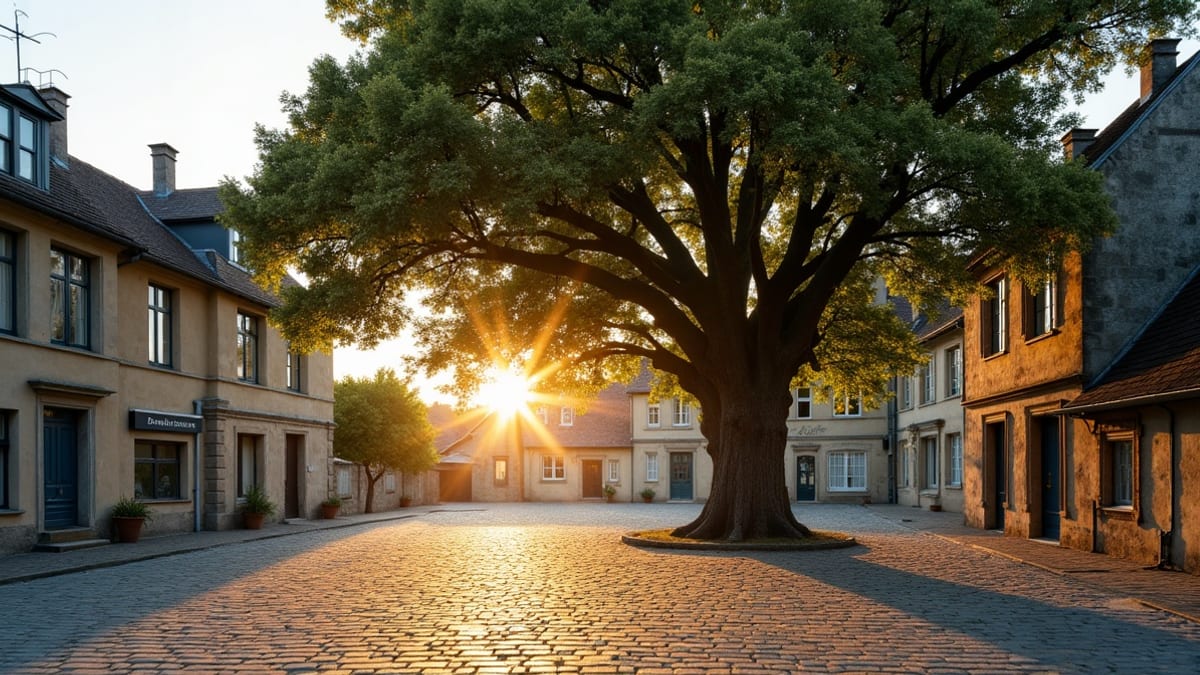 SEO local immobilier — grand chêne sur la place d'un village, longues ombres sur les pavés au lever du soleil