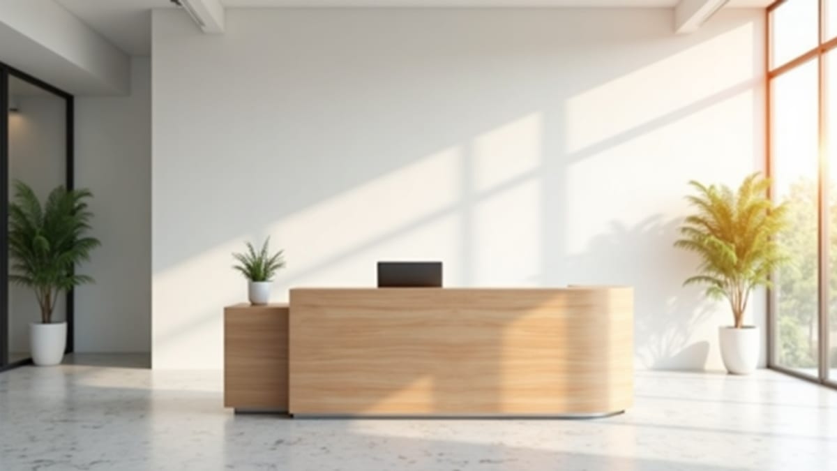 Site immobilier vitrine — comptoir d'accueil vide dans un bureau clair au petit matin