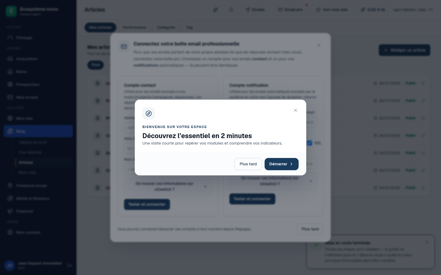 Écran de l’espace conseiller : la liste des articles