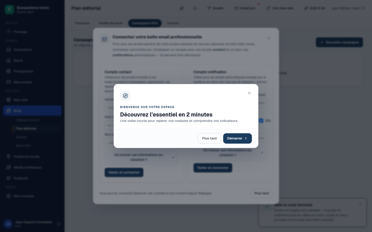 Écran de l’espace conseiller : les campagnes SEO