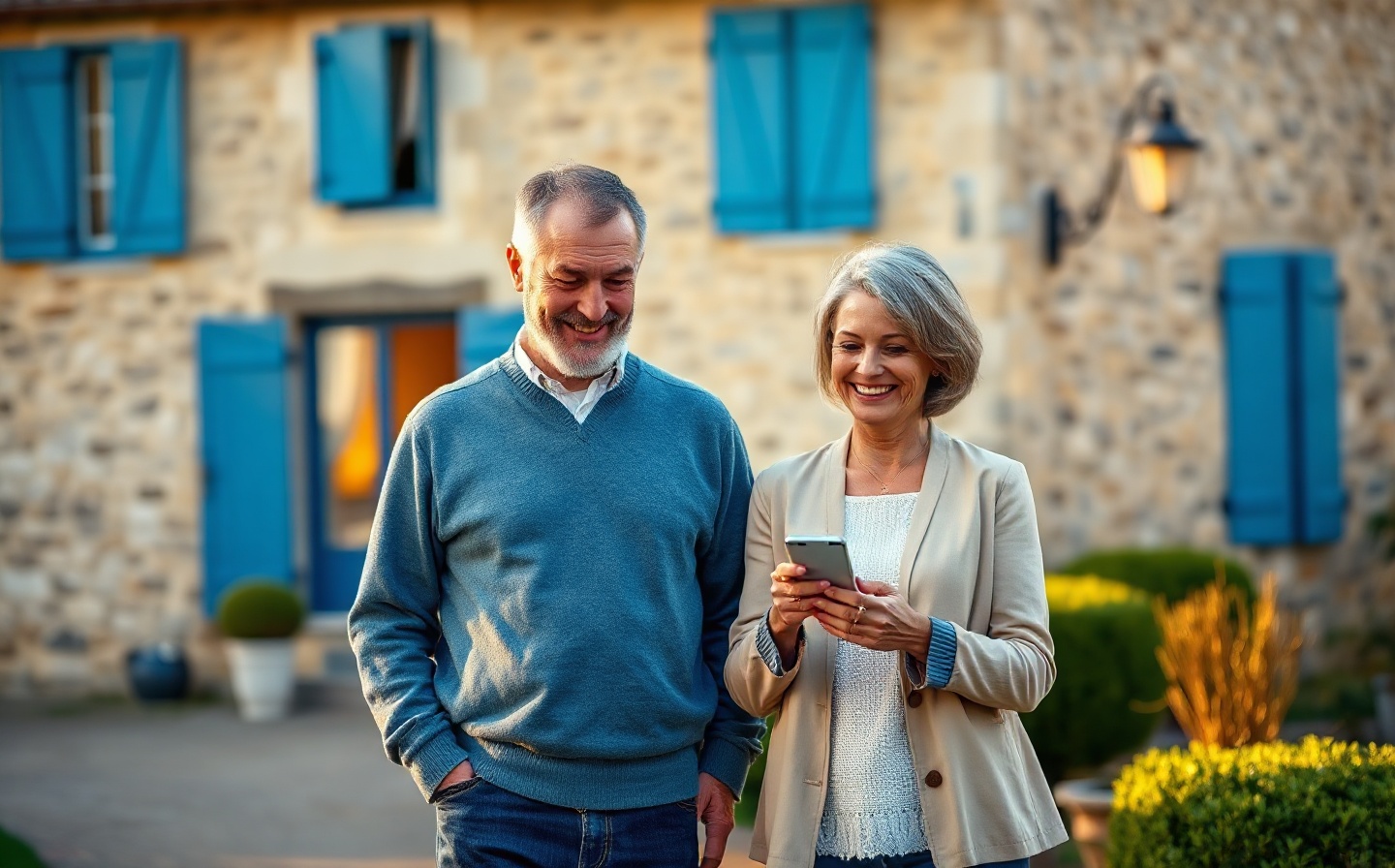 Un couple de propriétaires devant leur maison découvrant sur un téléphone l’estimation en ligne de leur bien