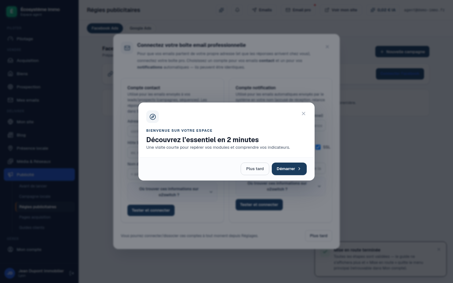 Écran de l’espace conseiller : la préparation Facebook Ads