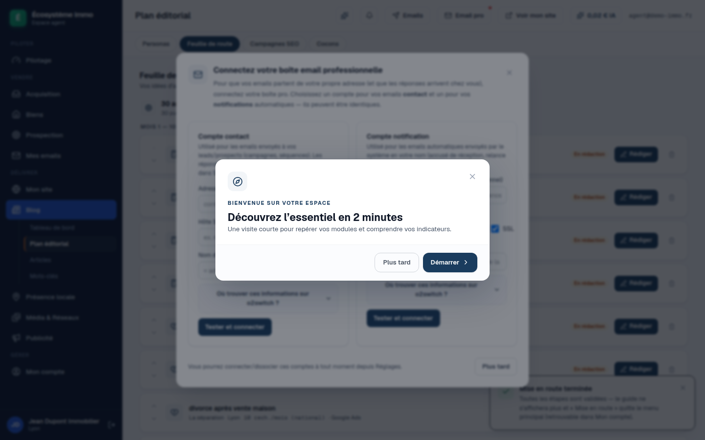 Écran de l’espace conseiller : la feuille de route des articles