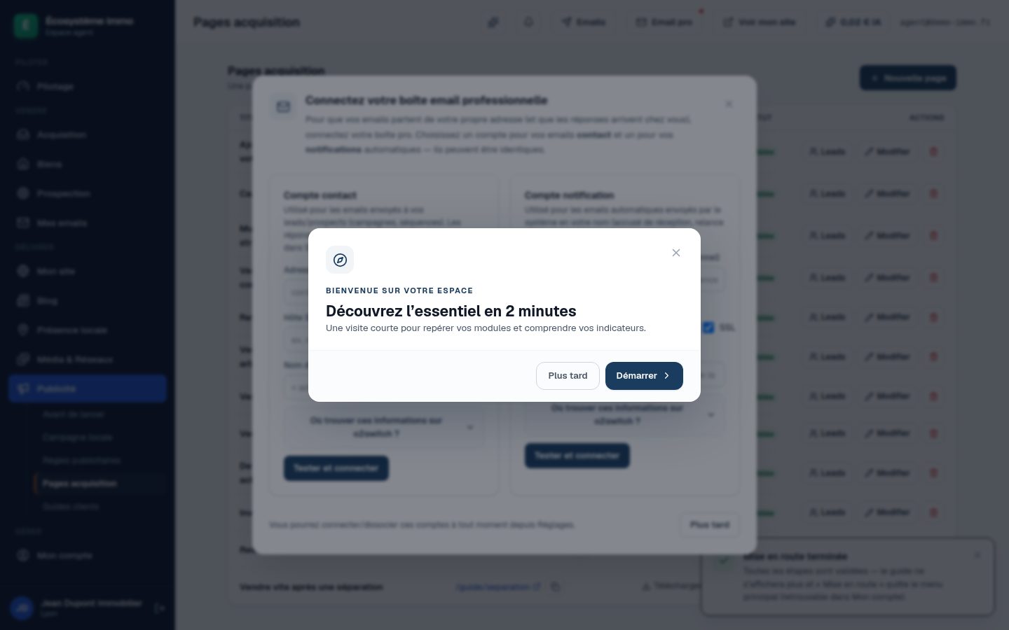 Écran de l’espace conseiller : la liste des pages d’acquisition