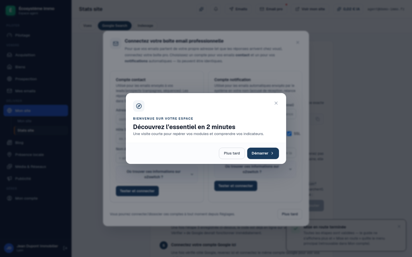 Écran de l’espace conseiller : la connexion à Google Search Console